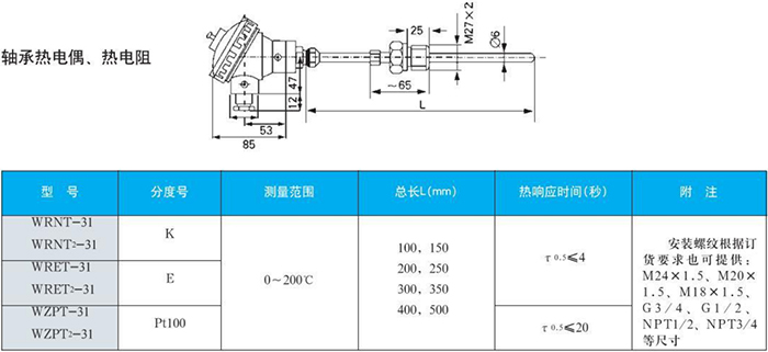 電站測溫熱電偶軸承規(guī)格表